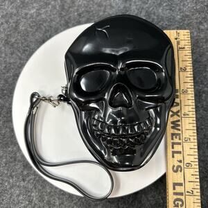 Skull Wristlet Women's Halloween Black Glossy Molded Purse Removable Strap